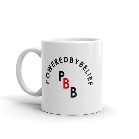 White PoweredByBelief mug